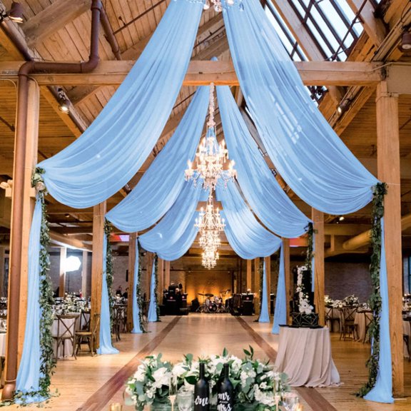 Light Blue Ceiling Drape 5x20ft 4 Panels Chiffon Ceiling Draping Fabric Sheer Wedding Arch Drapery Stage Canopy Ceiling Drapes Chiffon Curtain Drapes for Arbor Swag Tent Party Decoration