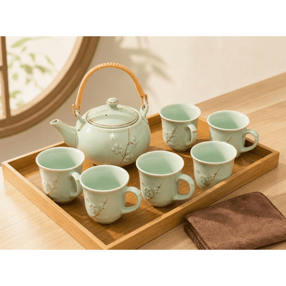Light Blue Celadon Kung Fu Tea Set, 1 Teapot & 6 Cups with Bamboo Tray, Elegant Plum Blossom Pattern Chinese Ceramic Tea Service, Perfect for Home, Office, Gifting & Tea Parties