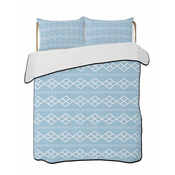 Light Blue Checkered Quilts Bedding Set Full Size Abstract White Geometric Argyle Stripe Lightweight Quilted Bedspread 3 Piece Bed Quilt with 2 Pillow Shams All Season for Bedroom 68" x 98"