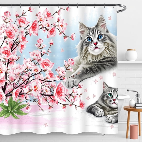 Light Blue Cherry Blossom Shower Curtain with Grey Tabby Cats - Pastel Pink Design