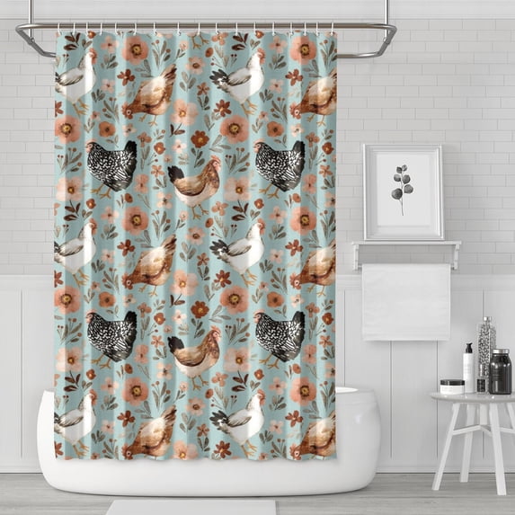 Light Blue Chicken Floral Pattern Shower Curtain 72"x72" ,Bathroom Decorative Shower Curtains Set with 12 Hooks,Modern Waterproof Washable Shower Curtain