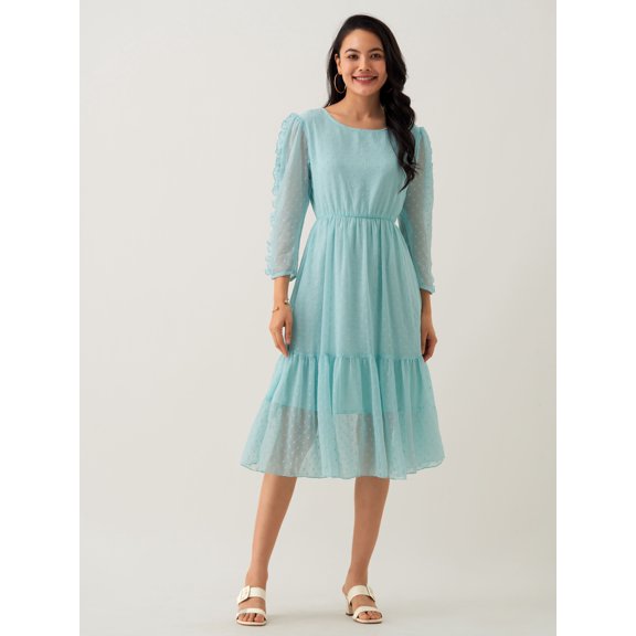 Light Blue Chiffon Brasso Swiss Dot Round Neck Dress