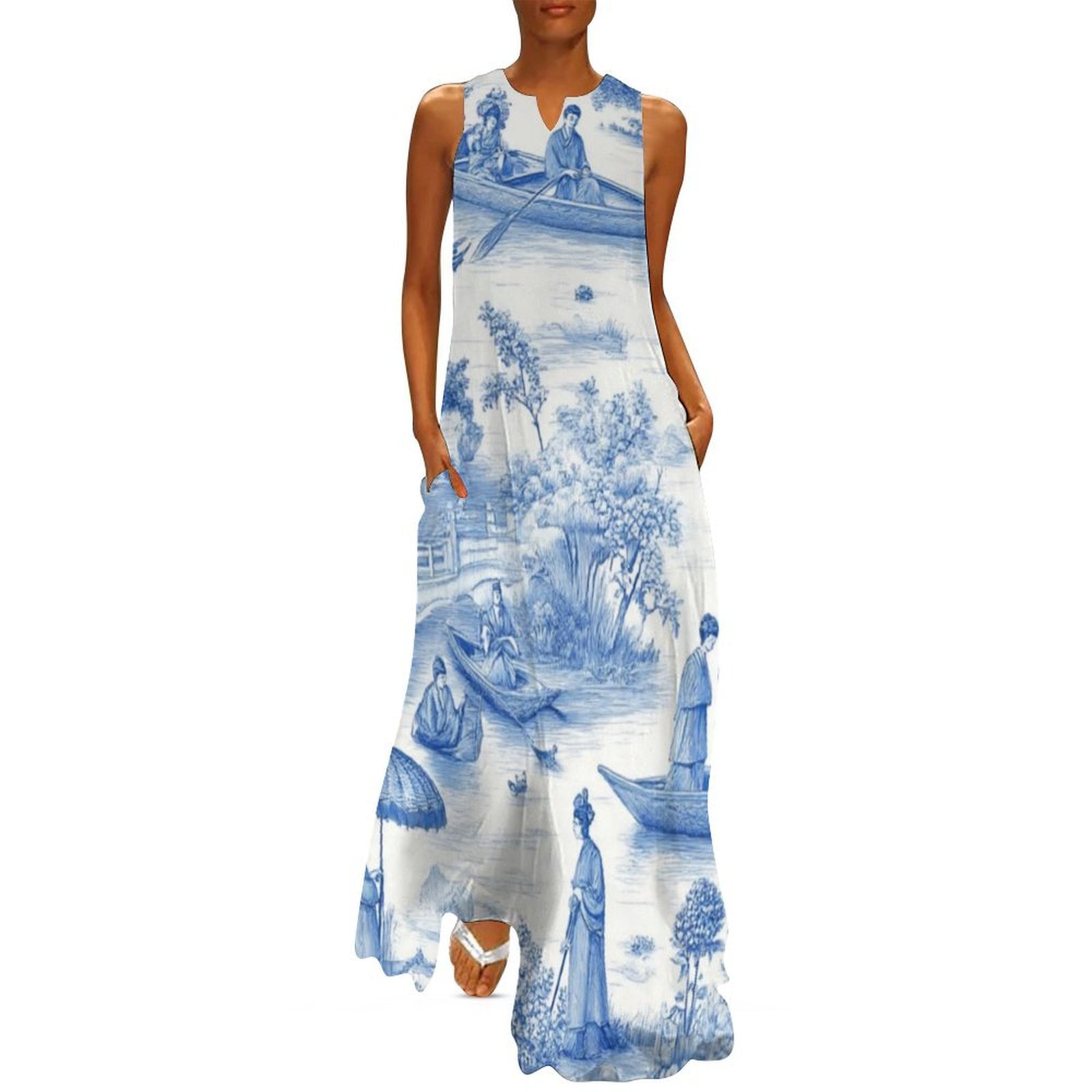 Fashion Blue Print Oriental side open Long Summer Linen Dress main image 0