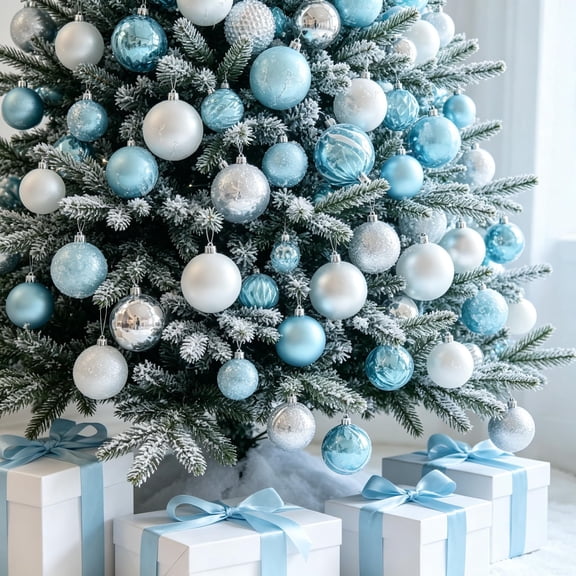 Light Blue Christmas Ball Ornaments, Plastic Christmas Tree Decorations with Hanging Loops, Glossy Matte and Glitter Finishes