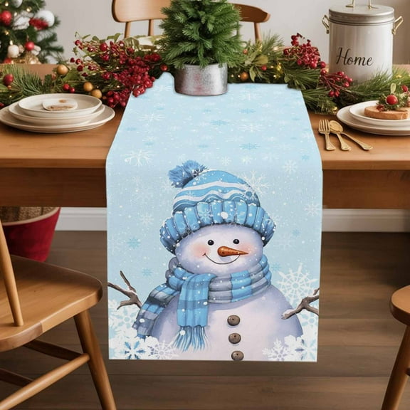 Light Blue Christmas Cotton Linen Table Runner Snowman with Cap Xmas Snowflake Dining Table Runners for Home Decor Party Dining Room Restaurant Kitchen Party 13" x 60"