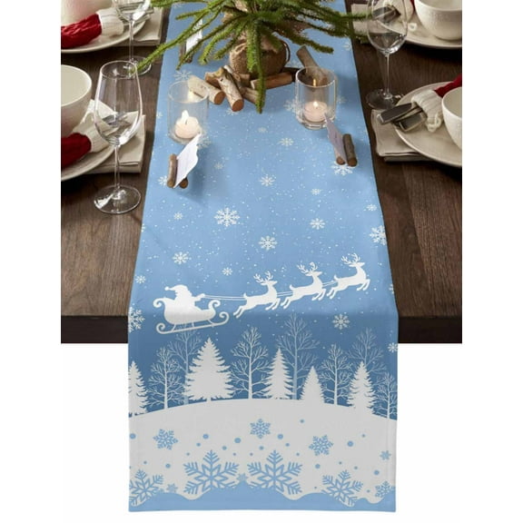 Light Blue Christmas Dresser Scarf Farmhouse, Dining Table Decorations for Wedding/Parties, Xmas Elk Tree Snowflake Table Runner 72 Inches Long for Kitchen Dining, 18 x 72 In