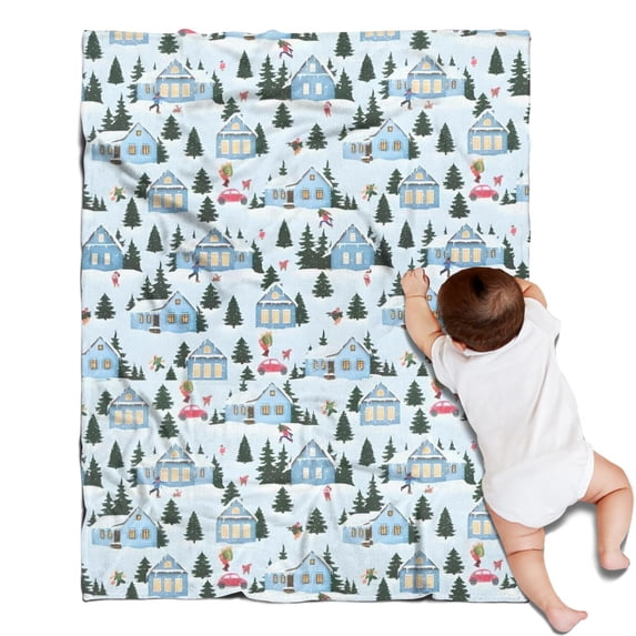 Light Blue Christmas House and Tree Pattern Blanket,Comfortable Soft Flannel Throw Blanket,All Season,Warm Lightweight Blankets for Sofa Bed Couch Living Room Chair,30"x40"