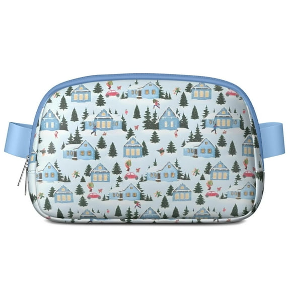 Light Blue Christmas House and Tree Pattern Cute Fanny Packs for Women,Travel Waterproof Crossbody Fanny Bags Waist Purse for Women Anti Theft Adjustable Strap for Running Travel Cycling