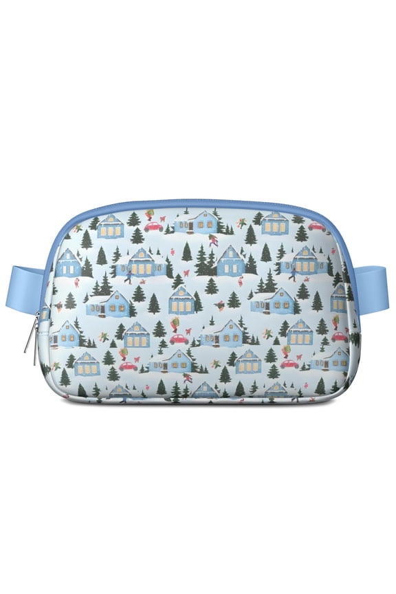 Light Blue Christmas House and Tree Pattern Cute Fanny Packs for Women,Travel Waterproof Crossbody Fanny Bags Waist Purse for Women Anti Theft Adjustable Strap for Running Travel Cycling