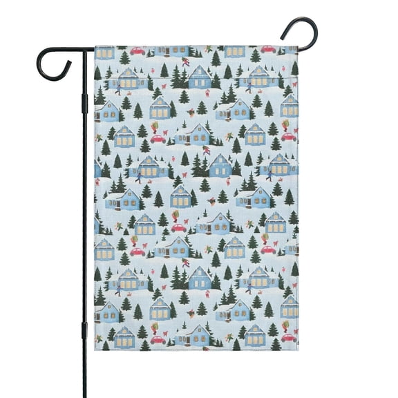 Light Blue Christmas House and Tree Pattern Fall Garden Flags 12.5"x18" Double Side,Small Yard Flags for Outside,Outdoor Fall Decor,Autumn Funny Garden Flag Yard Decoration