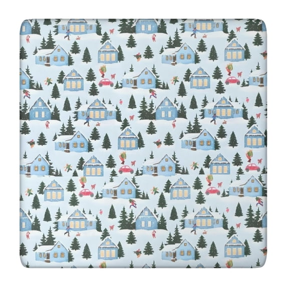 Light Blue Christmas House and Tree Pattern Square Fitted Tablecloth with Elastic Edge,Square Table Cover,Washable Elastic Table Cover for Home Kitchen Party Decor 36"x36"