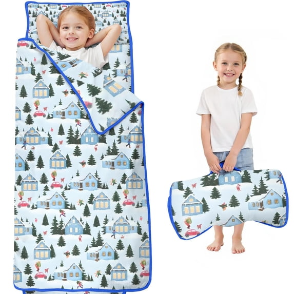 Light Blue Christmas House and Tree Pattern Toddler Nap Mats for Kids Preschool,60"x20" Sleeping Mat Bag or Kids,Toddler Sleeping Bag,Toddler Nap Mat or Daycare