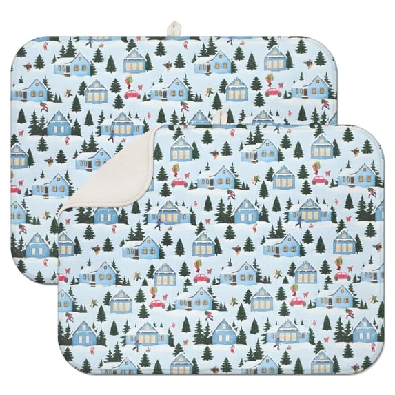Light Blue Christmas House and Tree Pattern Dish Drying Mat for Kitchen 1 Pack, Ultra Absorbent Microfiber Dishes Drainer Mats,18x24in(46x61cm)