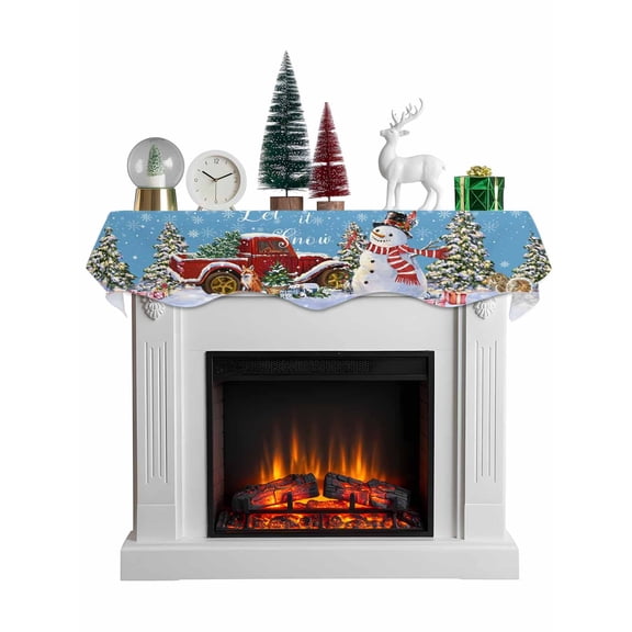 Light Blue Christmas Mantel Scarf Fireplace Decorations for Living Room, Snowman Snowflake Red Truck Xmas Tree Gifts Fireplace Mantel Scarf Cover Runner for Thanksgiving/Christmas Decor 60"x17"