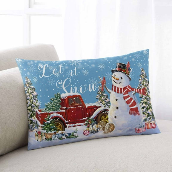 Light Blue Christmas Queen Size Pillow Cover,Pillowcase Protectors with Zipper,Decorative Throw Pillow Case Cover,Snowman Snowflake Red Truck Xmas Tree Gifts Pillow Shams for Couch Sofa 20x30Inch