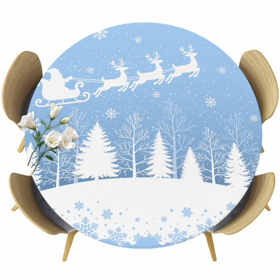 Light Blue Christmas Round Tablecloth, Fitted Table Cover with Elastic for 45"-54" Round Tables, Xmas Elk Tree Snowflake Forest Table Cloth Outdoor Indoor Dinning Party Waterproof Tablecloths