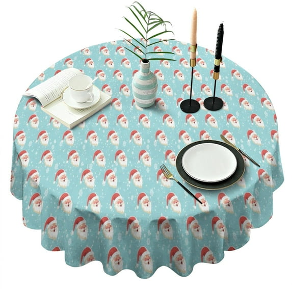 Light Blue Christmas Santa Pattern Round Tablecloth 60"x60",Wrinkle Wipeable Table Cloth for Kitchen Dining Room Picnic Patio Party