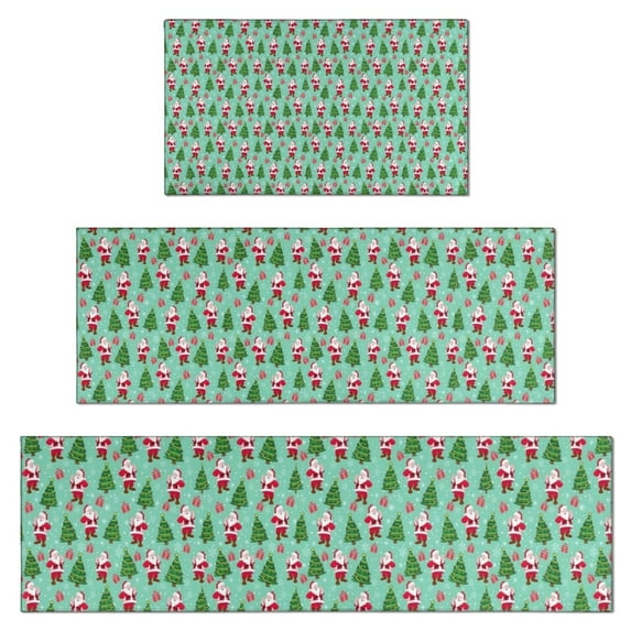 Light Blue Christmas Santa and Tree Pattern Kitchen Rugs Sets Of 3,Kitchen Runner Rugs Non Skid Washable,Decorative Kitchen Floor Mats for Kitchen,Sink,Laundry,17"x30"+ 17"x47" + 17"x59"