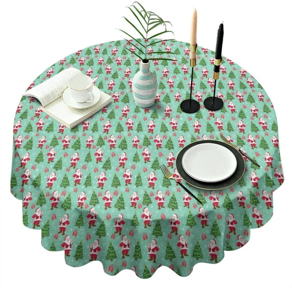 Light Blue Christmas Santa and Tree Pattern Round Tablecloth 60"x60",Wrinkle Wipeable Table Cloth for Kitchen Dining Room Picnic Patio Party