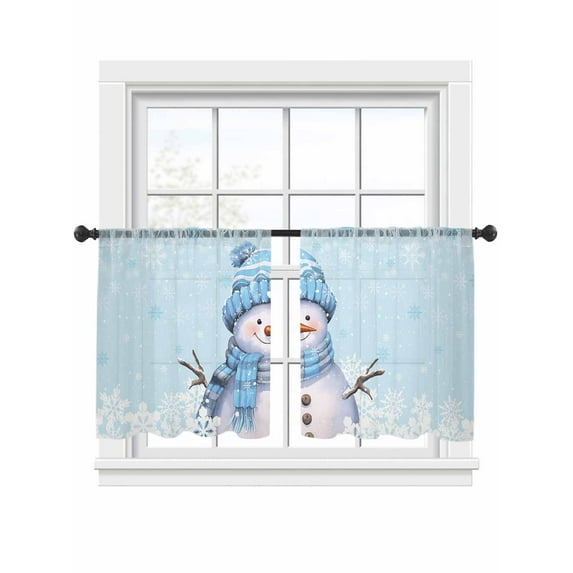 Light Blue Christmas Sheer Curtains 54 Inches Long 2 Panels Snowman with Cap Xmas Snowflake Light Filtering Semi Sheer Window Curtains Drapes for Bedroom Living Room 52"x54"x2