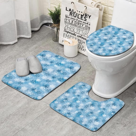 Light Blue Christmas Snowflake Pattern Bathroom Rugs Sets 3 Piece,Toilet Cover Set,Absorbent Non Slip Bathroom Mats Sets with U-Shaped Contour Rug Toilet Rug Set