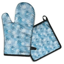 Light Blue Christmas Snowflake Pattern Kitchen Oven Mitt and Pot Holder Sets 2 Pcs for Baking, Cooking and Grilling, Heat Resistant Up To 392 °F
