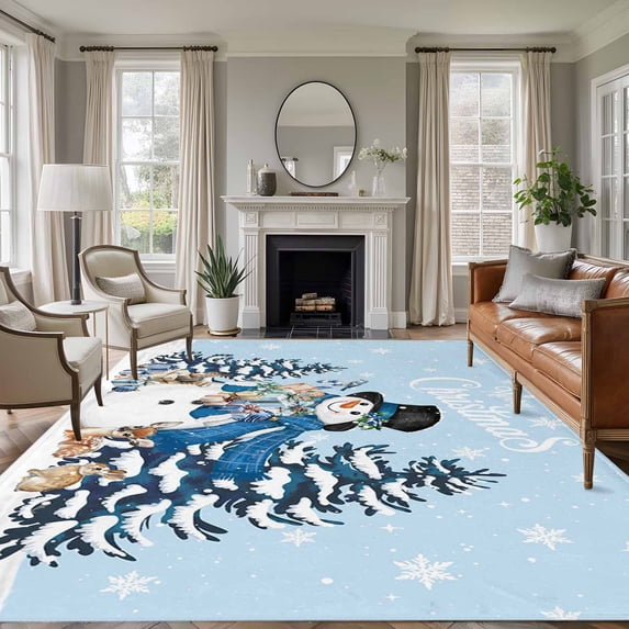 Light Blue Christmas Snowman Area Rugs 6'x9', Washable Small Throw Rugs for Kitchen Dining room, Xmas Tree Elk Gifts Snowflake Indoor Outdoor Rug Non-Slip Low Pile Carpet Runner Reversible Floor Mats