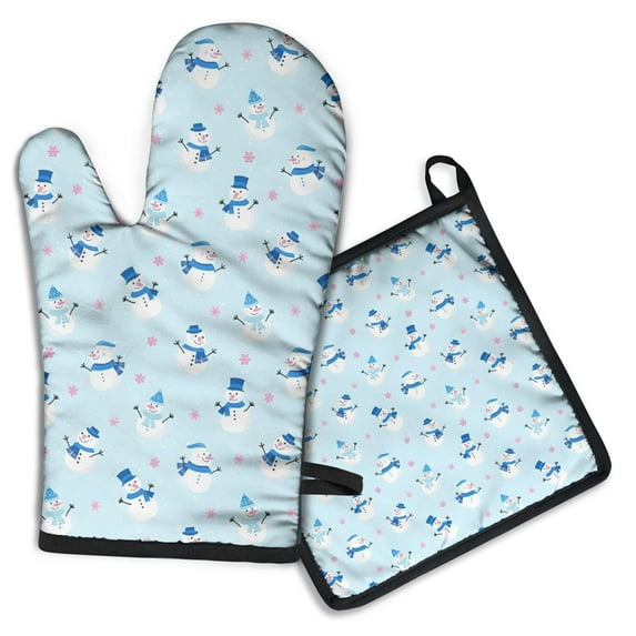 Light Blue Christmas Snowman Pattern Kitchen Oven Mitt and Pot Holder Sets 2 Pcs for Baking, Cooking and Grilling, Heat Resistant Up To 392 °F