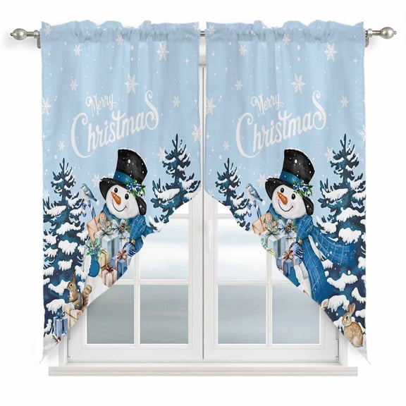 Light Blue Christmas Snowman Swag Valances for Windows, Kitchen Curtains 36 Inch Length 2 Panels Set, Xmas Tree Elk Gifts Snowflake Short Curtains for Small Windows Rod Pocket Cafe Curtains 28"x36"