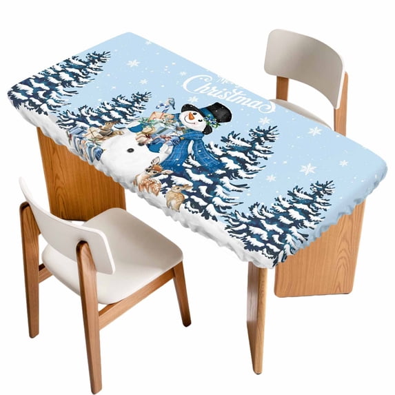 Light Blue Christmas Snowman Table Cloths for 4 Foot Rectangle Tables, Xmas Tree Elk Gifts Snowflake Patio Waterproof Elastic Fitted Tablecloths, Washable Rectangular Table Cover for Camping
