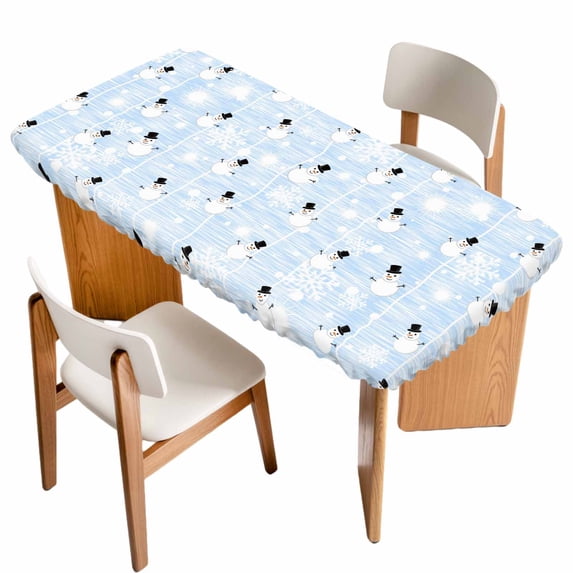 Light Blue Christmas Table Cloths for 4 Foot Rectangle Tables, Xmas Snowflake Snowman Patio Waterproof Elastic Fitted Tablecloths, Washable Rectangular Table Cover for Camping