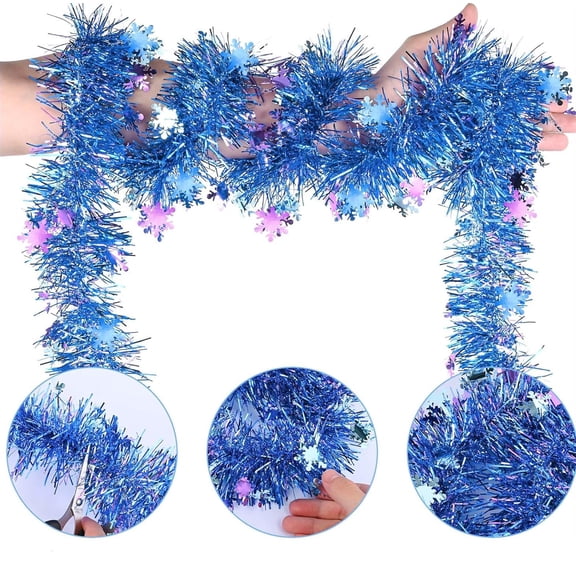 Light Blue Christmas Tinsel Garland with Snowflake Cutouts, Shiny Metallic Tinsel Garland for Xmas Tree, Mantel, Staircase, Winter Frozen‑Theme Holiday Party Home Decorations