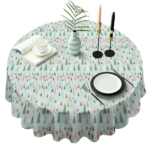 Light Blue Christmas Tree Pattern Round Tablecloth 60"x60",Wrinkle Wipeable Table Cloth for Kitchen Dining Room Picnic Patio Party