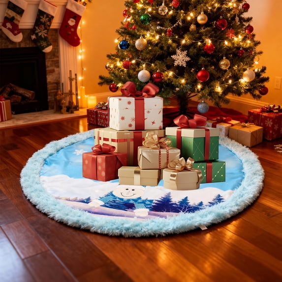 Light Blue Christmas Tree Skirt, Luxury Faux Fur with Snowflakes for Blue Christmas Ornaments Winter Wonderland Decorations 43IN B