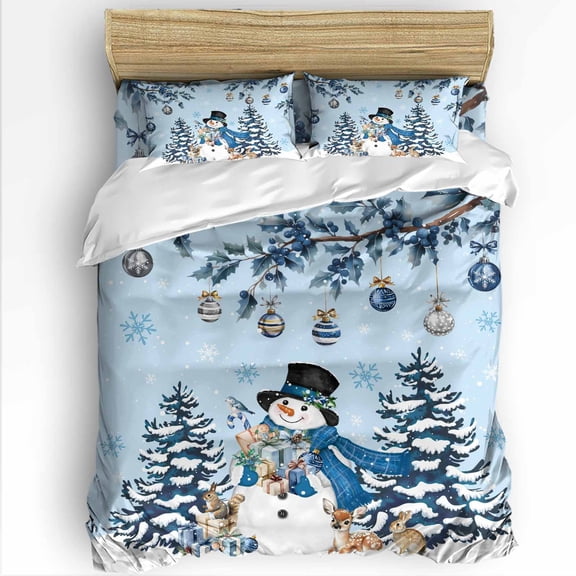 Light Blue Christmas Twin Size Comforter Set, Snowman Xmas Tree Elk Rabbit Balls Soft Bedding for All Seasons, 4 Pcs Bed Set with 1 Comforter (68"x86") ,1Sheet(66"x116"), 2 Pillowcases (19"x29")