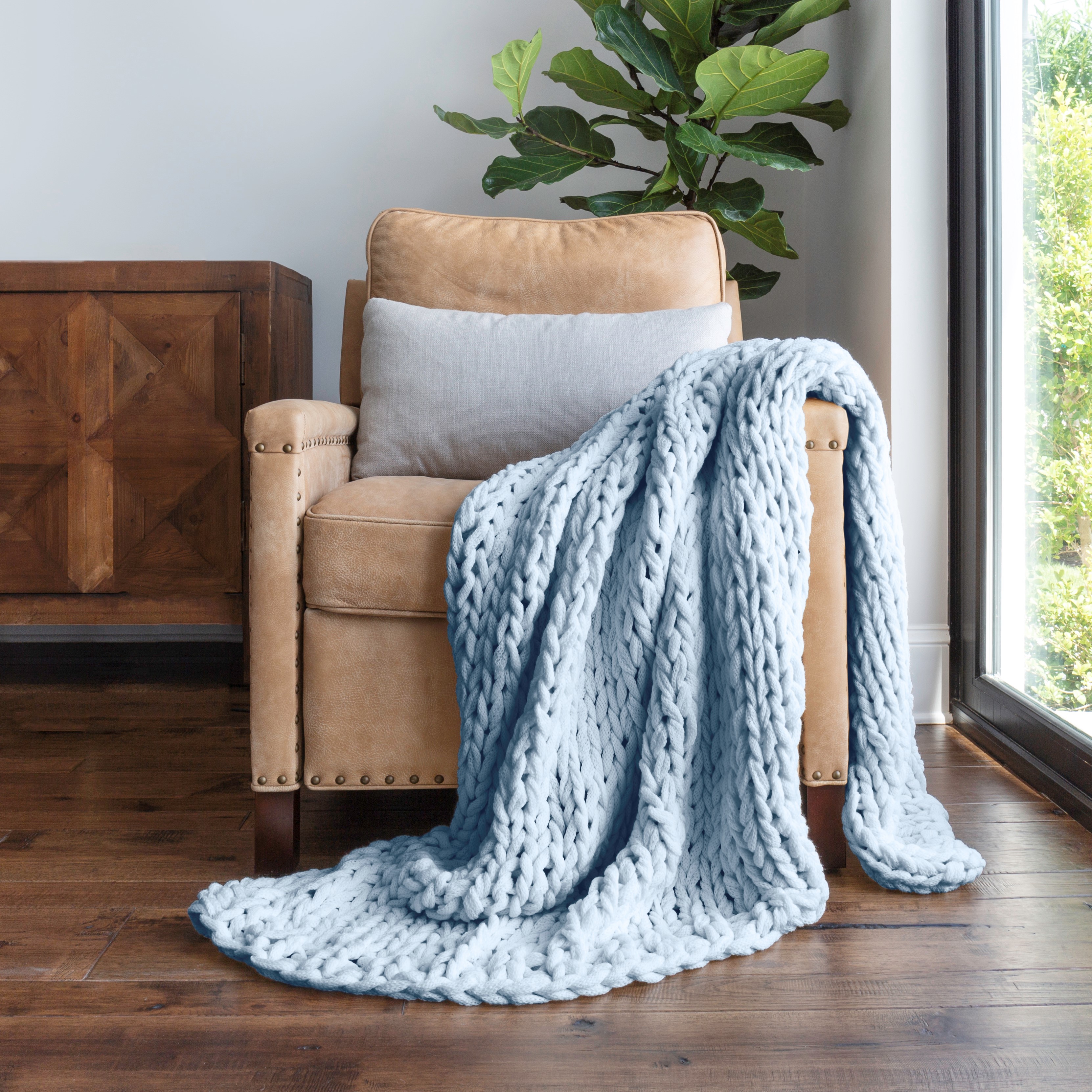 Light Blue Chunky Knit Throw Blanket One Size By Noble Linens 