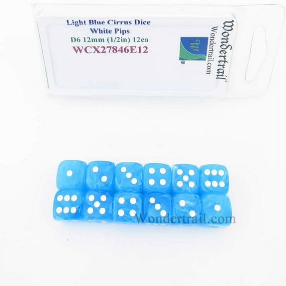Light Blue Cirrus Dice with White Pips 12mm (1/2in) D6 Pack of 12 Wondertrail