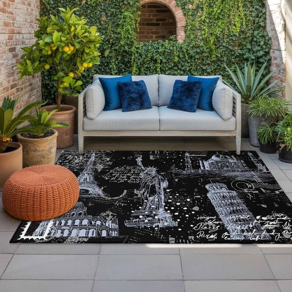 Light Blue City Indoor Outdoor Rugs 3x5 Ft, Modern Blue Architecture Black Outdoor Patio Rugs Mat Washable Outside Area Rugs Carpet for Porch Deck RV Camping Pool Balcony Backyard