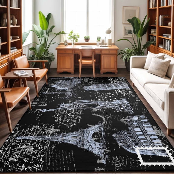 Light Blue City Washable Area Rug 9 x 12 ft Modern Blue Architecture Black, Soft Non Slip Rugs Stain Repellent Indoor Felt Carpet for Living Dining Room Bedroom Home Office