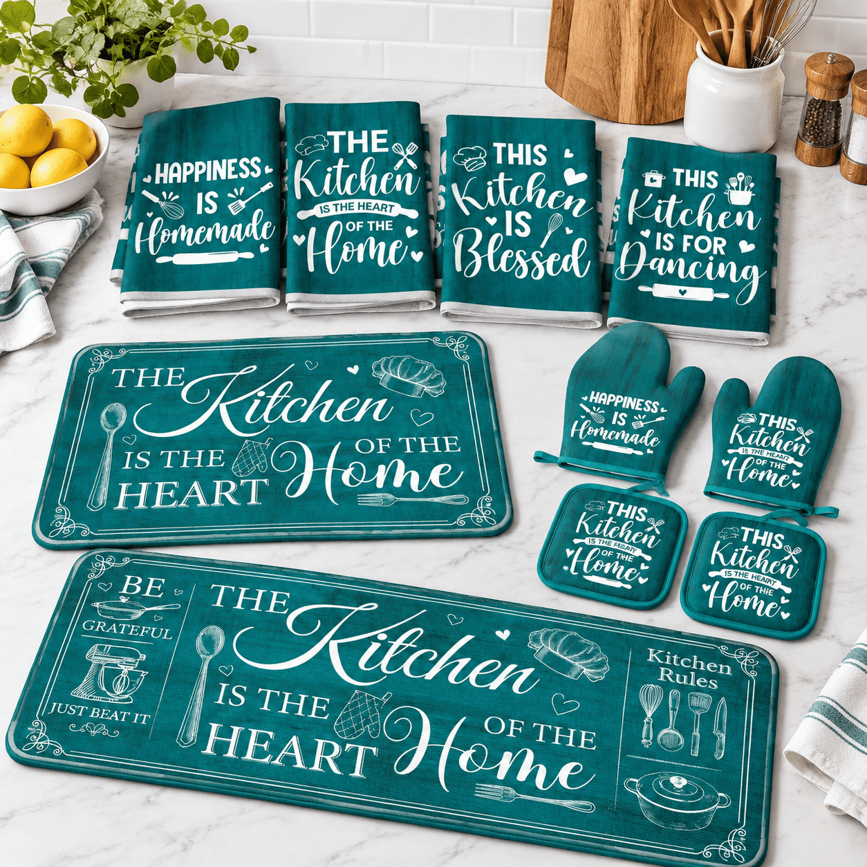 Light Blue-Classic Kitchen Linen Set with Towels, Rugs, Pot Holders ...