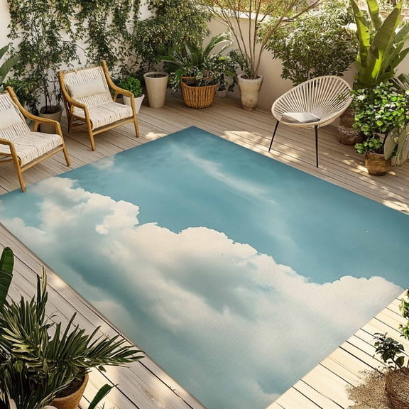 Light Blue Cloudy Sky Outdoor Rug 4x6 Ft - Reversible Patio Rug Outdoor Camping Rugs, Modern Retro Clouds Scenery Washable Indoor Outdoor Area Rugs, Non-Slip Outdoor Carpet Runner for Deck/Porch
