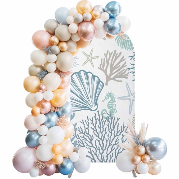Light Blue Coastal Arch Backdrop Cover 5Ft, Wedding Arch Covers Stretchy Backdrop, Summer Beach Coral Shell Starfish Fitted 2 Sided Arched Photo Background for Birthday Party Decorations