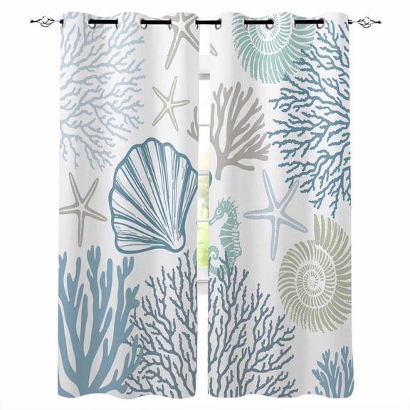Light Blue Coastal Blackout Curtains 63 Inches Long, Summer Beach Coral Shell Starfish Thermal Insulated Black Out Curtains, Darkening Window Curtain Drapes for Bedroom Living Room 42"x63" 2 Panels