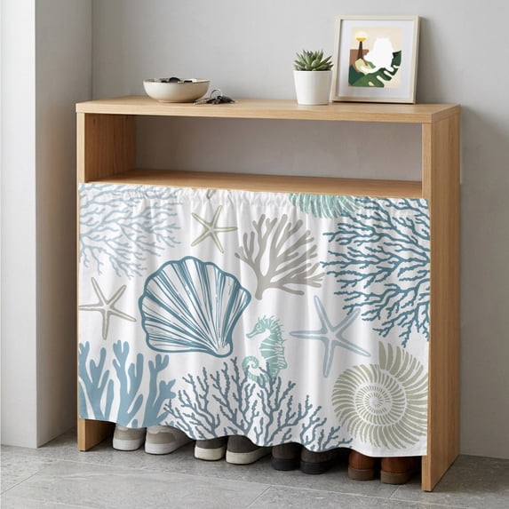 Light Blue Coastal Cabinet Curtain 35"Wx35"L,Dustproof Under Sink Skirt with Self Adhesive Tape,Summer Beach Coral Shell Starfish Cabinet Curtain Cover for Kitchen Sink,Bathroom Vanity,Laundry Room