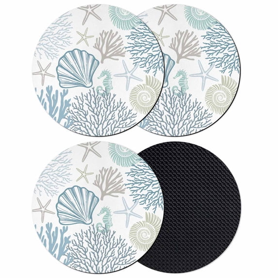 Light Blue Coastal Coasters Set of 4, Summer Beach Coral Shell Starfish Absorbent Coasters for Drinks, Coaster for Bar Office Dining Coffee Table Accessories Decor, Non Slip Round Desk Coaster