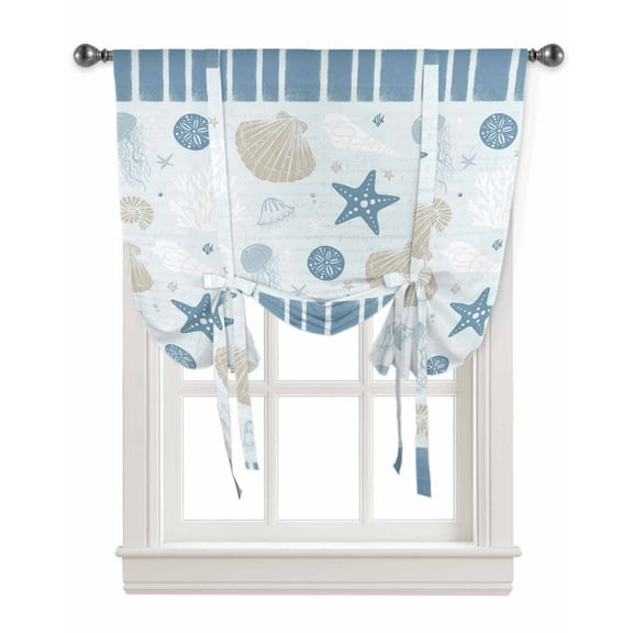 Light Blue Coastal Coral Tie Up Curtains for Kitchen Bathroom Bedroom Windows 45 Inch Length, Summer Nautical Ocean Beach Starfish Balloon Drape Curtains Shade Rod Pocket Curtain Panel, 42"x45"