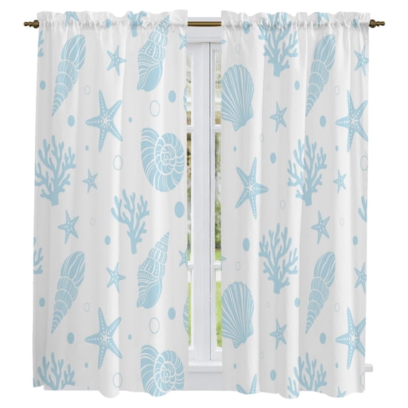 Light Blue Coastal Kitchen Curtains 63 Inch Length, Nautical Starfish Coral Shell Ocean Tiers Curtains for Living Room Berdoom Bathroom, Light Filtering Drapes Window Treatment 2 Panels 42"Wx63"L