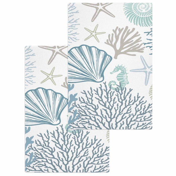 Light Blue Coastal Kitchen Dish Towels for Drying Dishes Set of 2, Summer Beach Coral Shell Starfish Waffle Weave Microfiber Hand Tea Bathroom Towels Quick Dry & Absorbent Towel 15.7x23.6