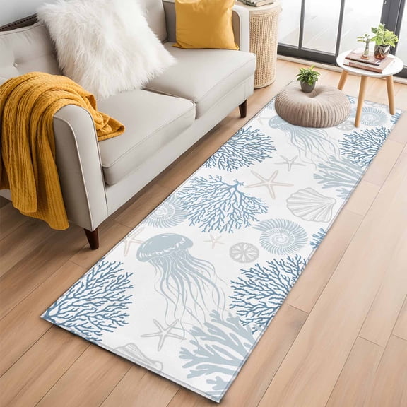 Light Blue Coastal Kitchen Runner Rug 2x6 Washable Runners for Hallway Non Slip Coral Jellyfish Starfish Ocean Nautical Large Area Rug Indoor Floor Carpet for Bathroom Laundry Entryway Bedroom