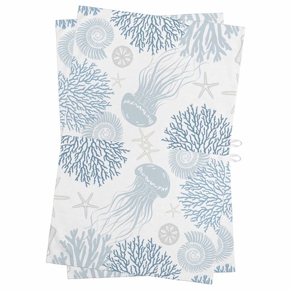 Light Blue Coastal Kitchen Towels Set of 2, Water Absorbent Dish Towel, Coral Jellyfish Starfish Ocean Nautical Decorative Hand Towels - Quick Drying Cloth for Cooking Baking, 18x28 Inch